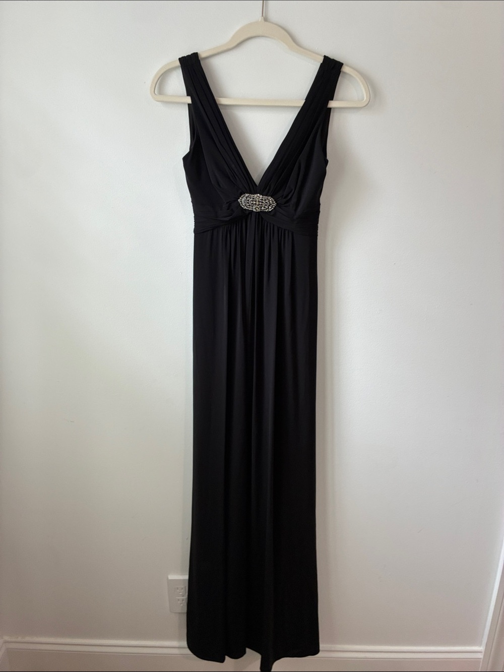 BCBGMaxAzria Black Sleeveless V-Neck Maxi Dress with Jewel Accent